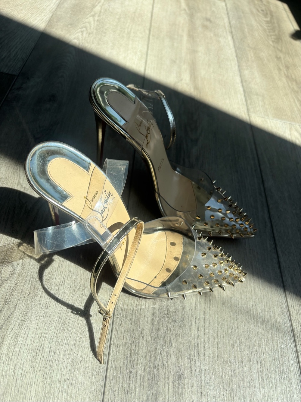 Christian Louboutin Clear PVC Pointed-Toe Slingbacks with Gold Spikes - Picture 2 of 6